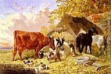 Horses Canvas Paintings - Horses, Cows, Ducks and a Goat by a Farmhouse